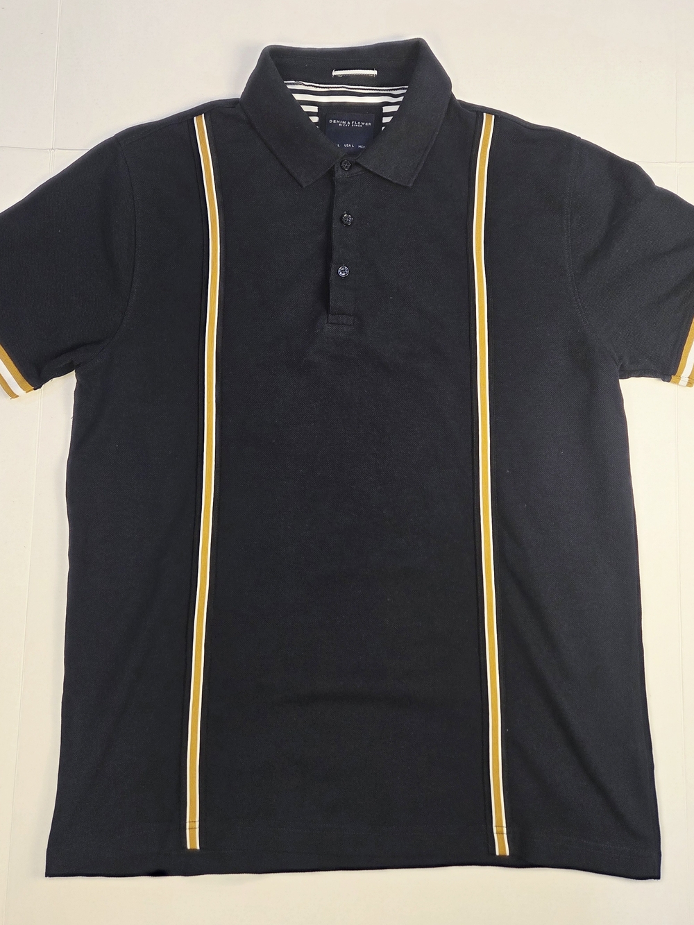 Denim & Flower Black Polo with Yellow Stripe Accents